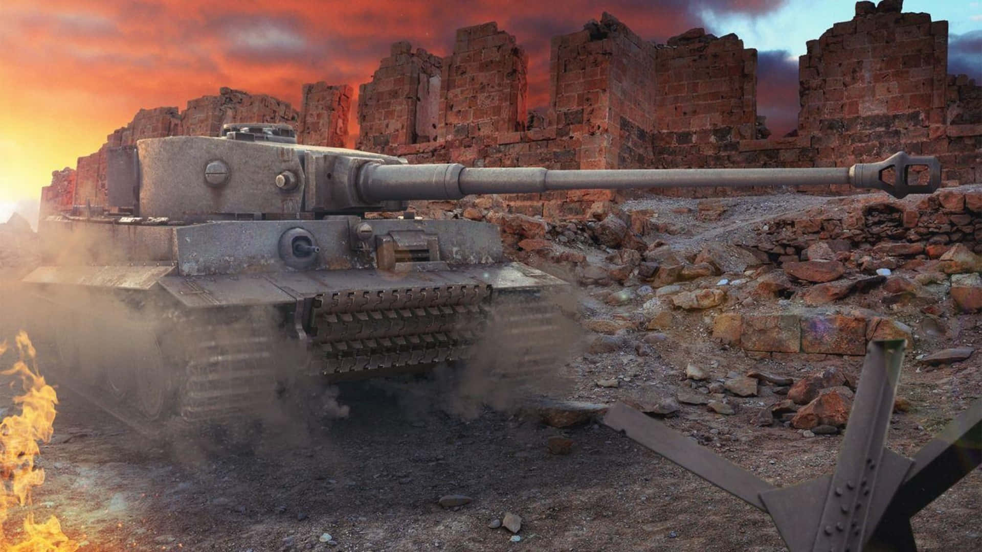 Tiger tank, ruined battlefield, fiery orange sunset, Full HD Desktop Wallpaper