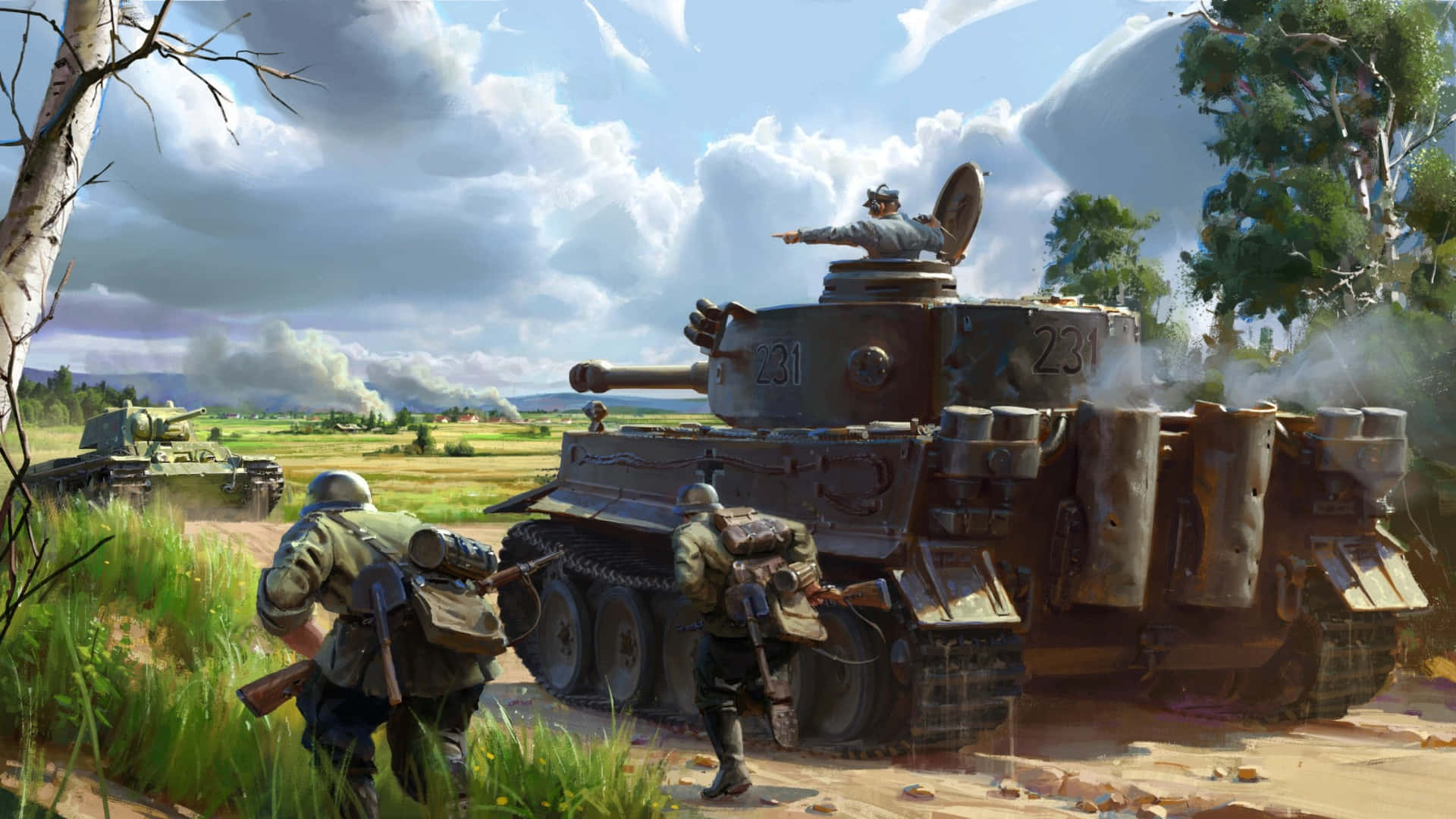 Tiger Tank, battlefield, sunlit field, Full HD Desktop Wallpaper