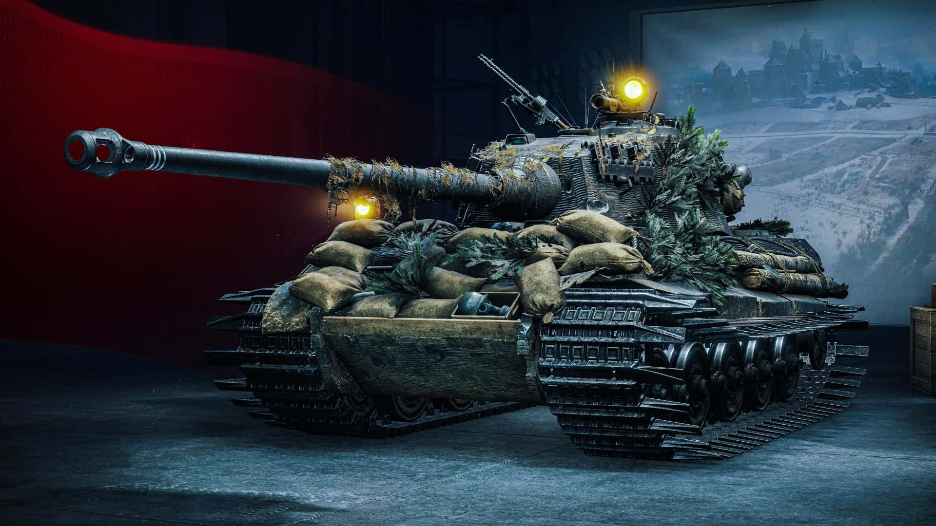 Tiger Tank, glowing headlights, dimly lit hangar, Full HD Desktop Wallpaper