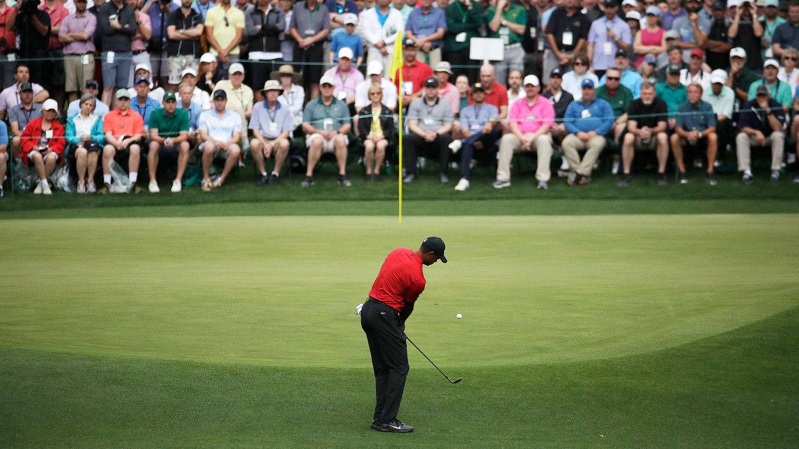 Tiger Woods Masters, red shirt, vibrant green fairway, HD Desktop Wallpaper