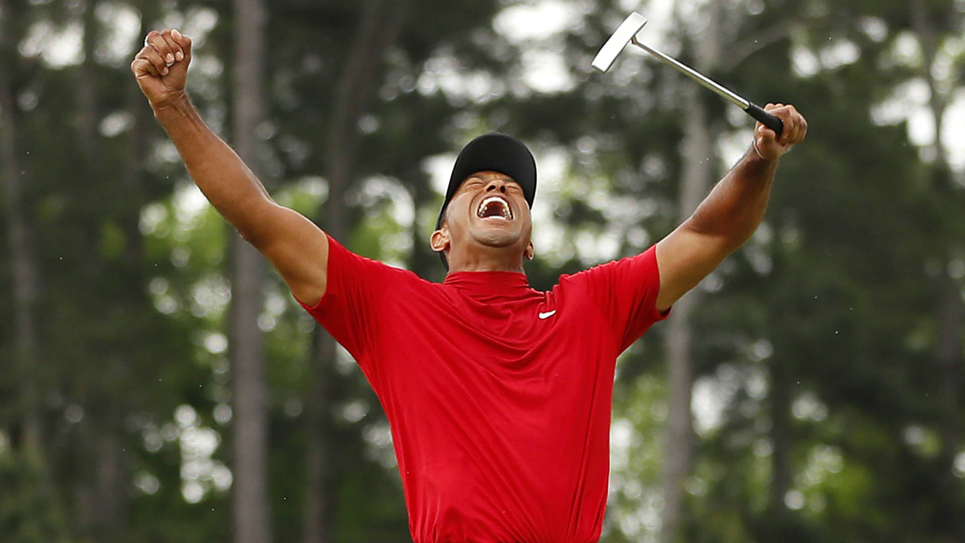 Tiger Woods Masters, flat club, red shirt, Full HD Desktop Wallpaper