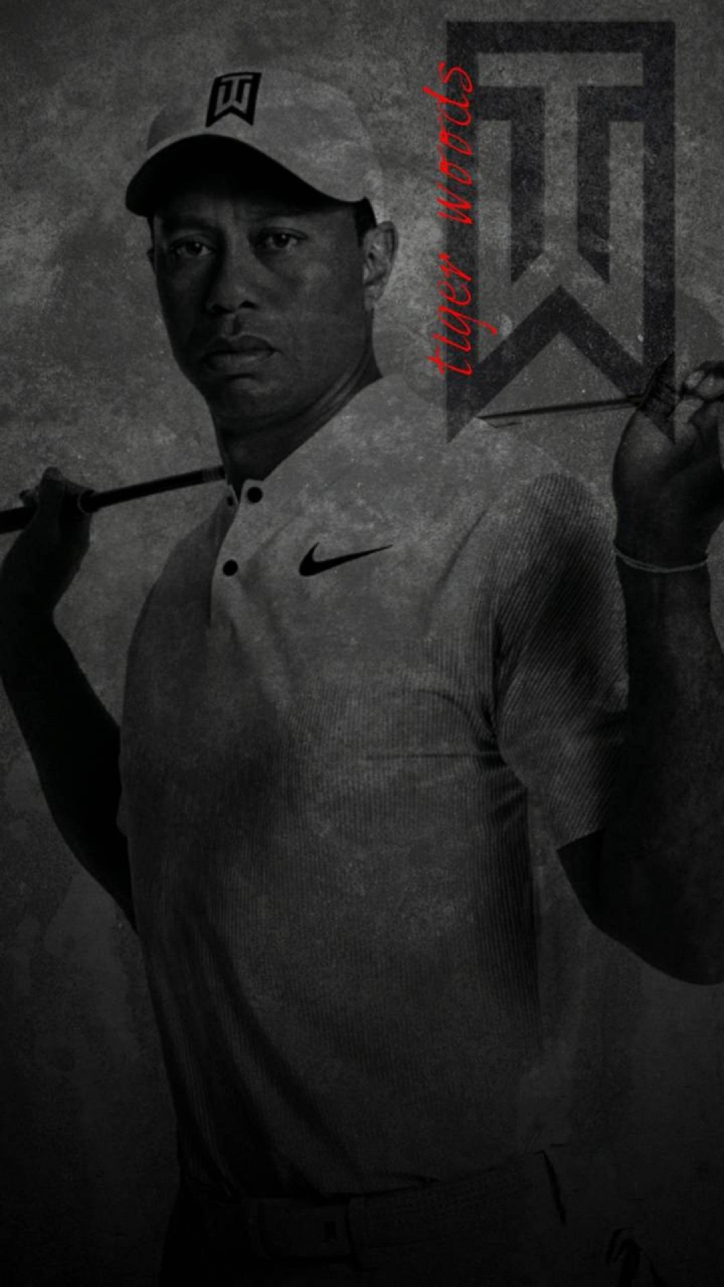 Tiger Woods, golf club, textured dark background, 2K Phone Wallpaper