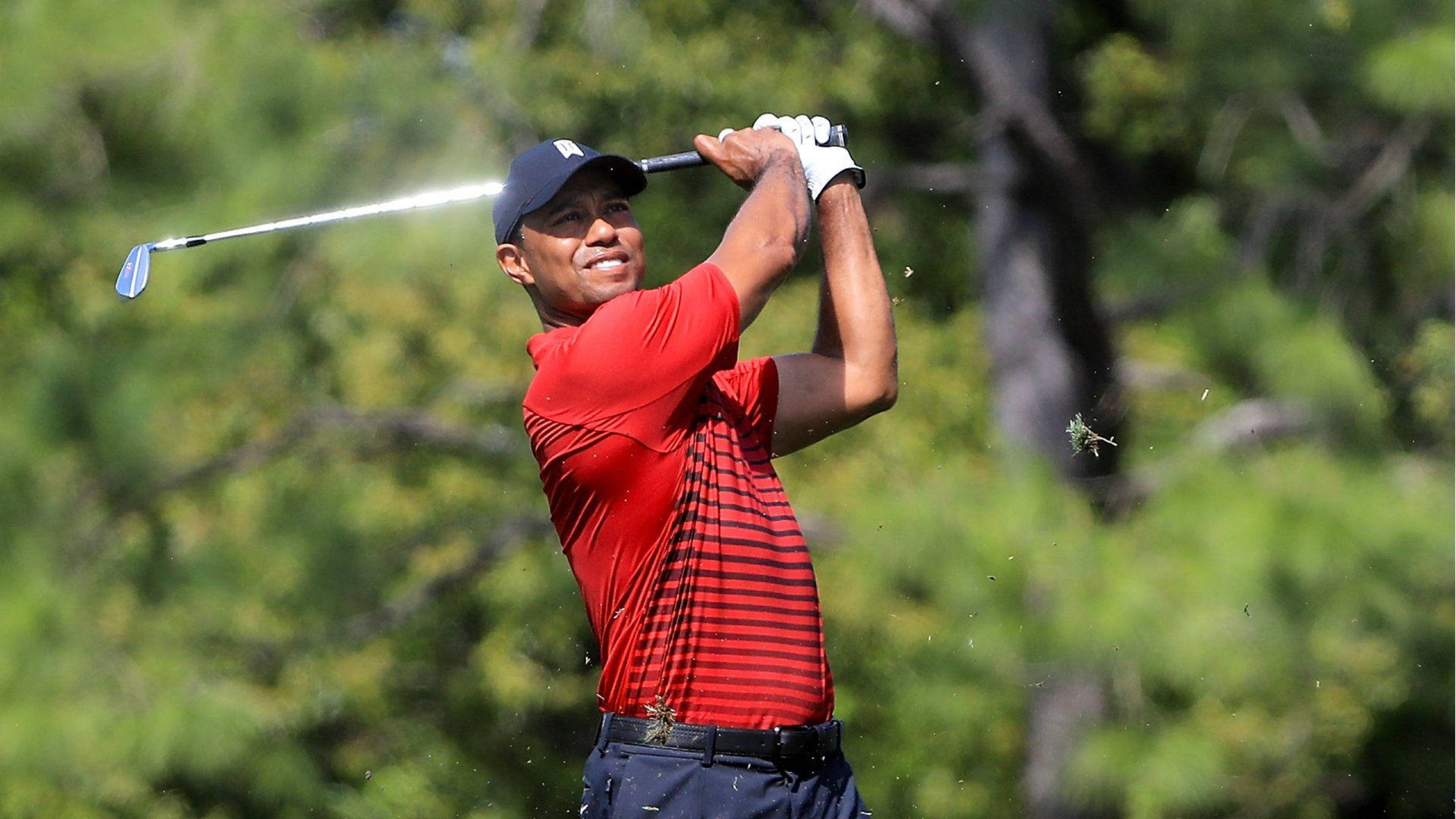Tiger Woods, swing shot, sunlit golf course, 5K Desktop Wallpaper