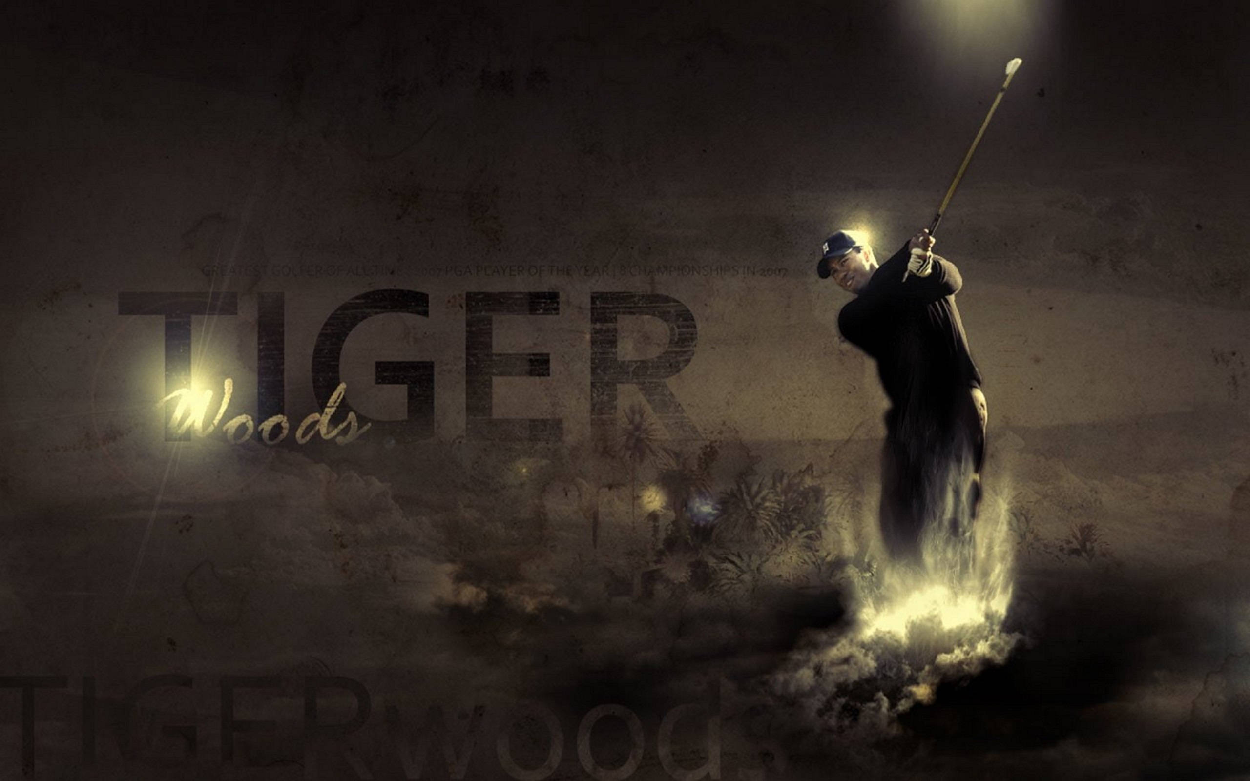 Tiger Woods, mid-swing, dramatic spotlight, 2K Desktop Wallpaper