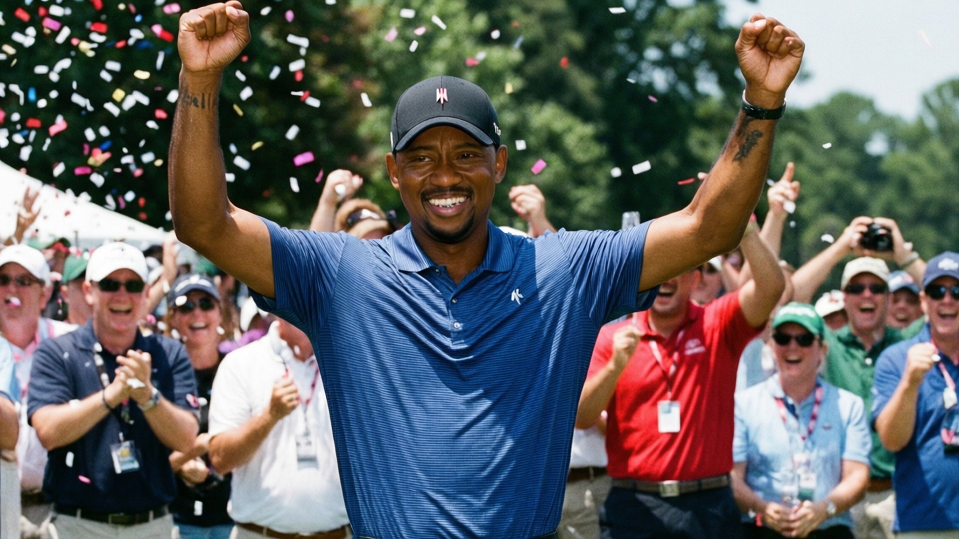Tiger Woods, confetti, cheering fans, Full HD Desktop Wallpaper