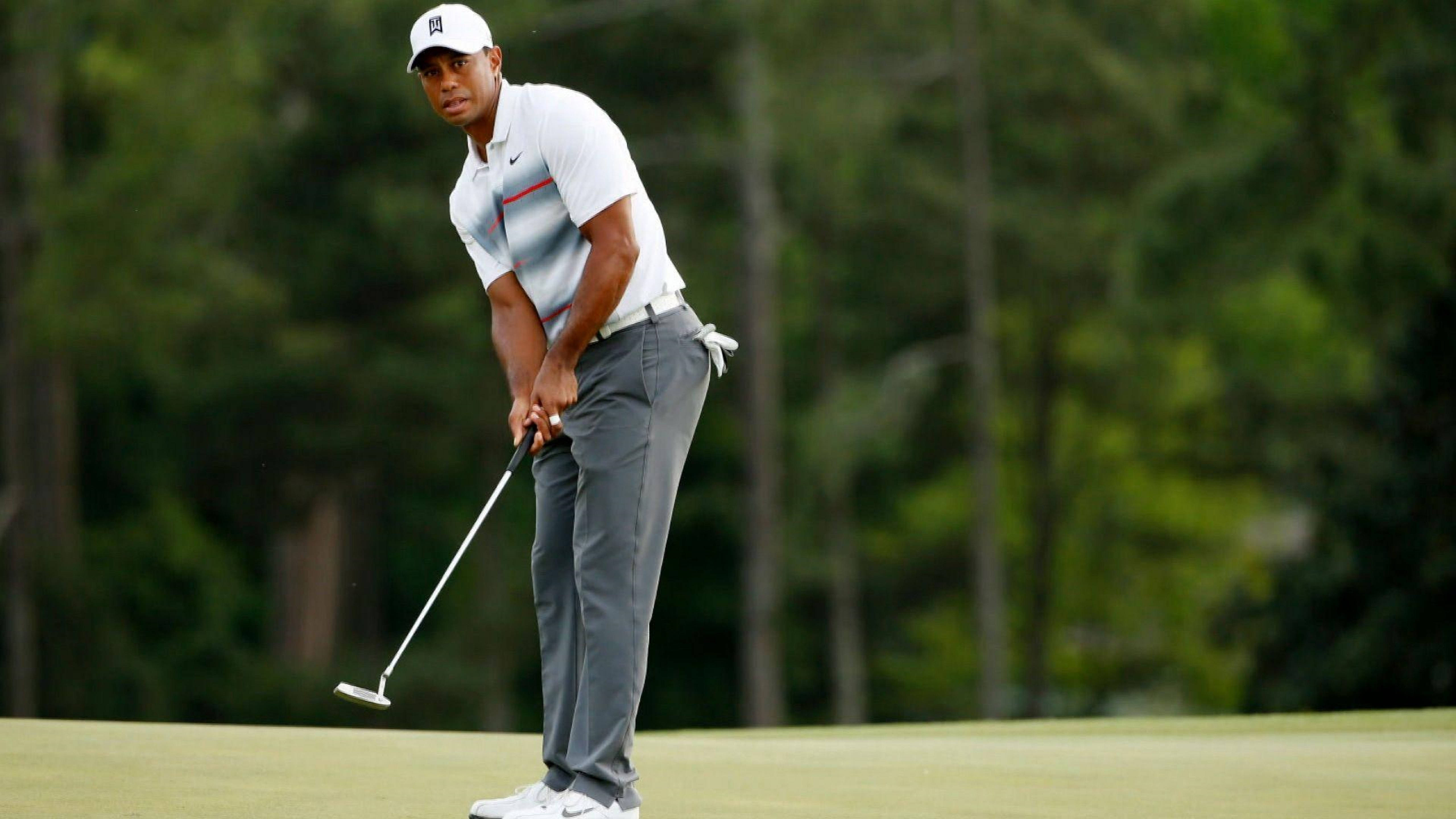 Tiger Woods, golf swing, sunlit golf green, 5K Desktop Wallpaper