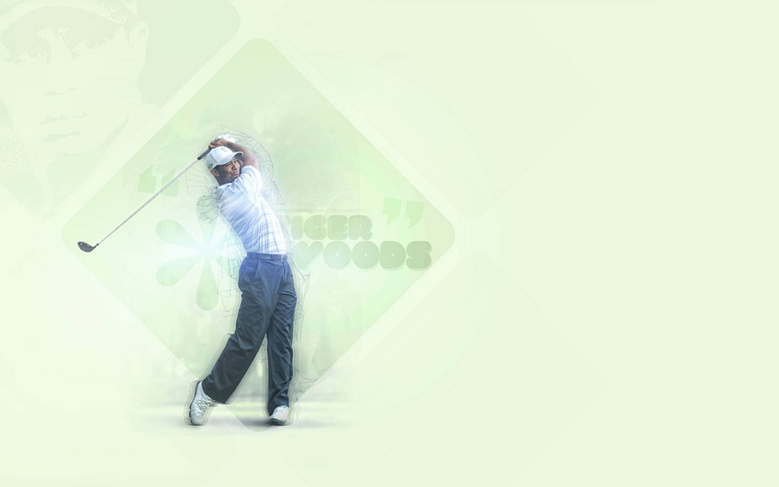 Tiger Woods, glowing diamond frame, pale green background, 2K Desktop Wallpaper