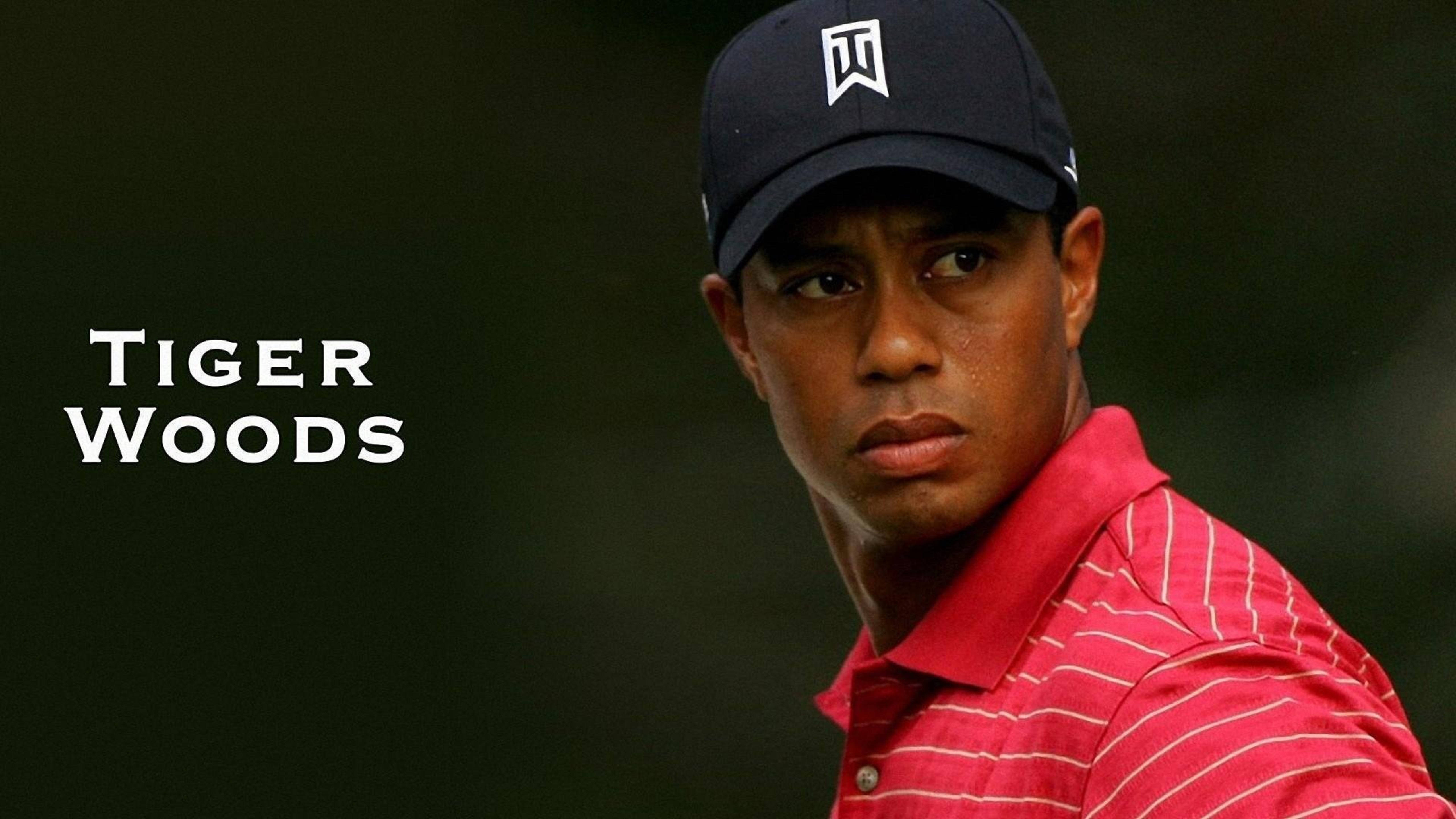 Tiger Woods, red striped polo, navy cap, 5K Desktop Wallpaper
