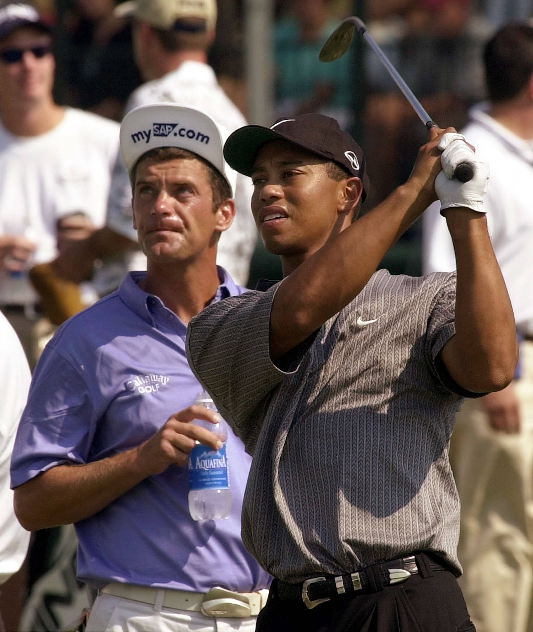 Tiger Woods, golf tournament, mid-swing, Full HD Phone Wallpaper