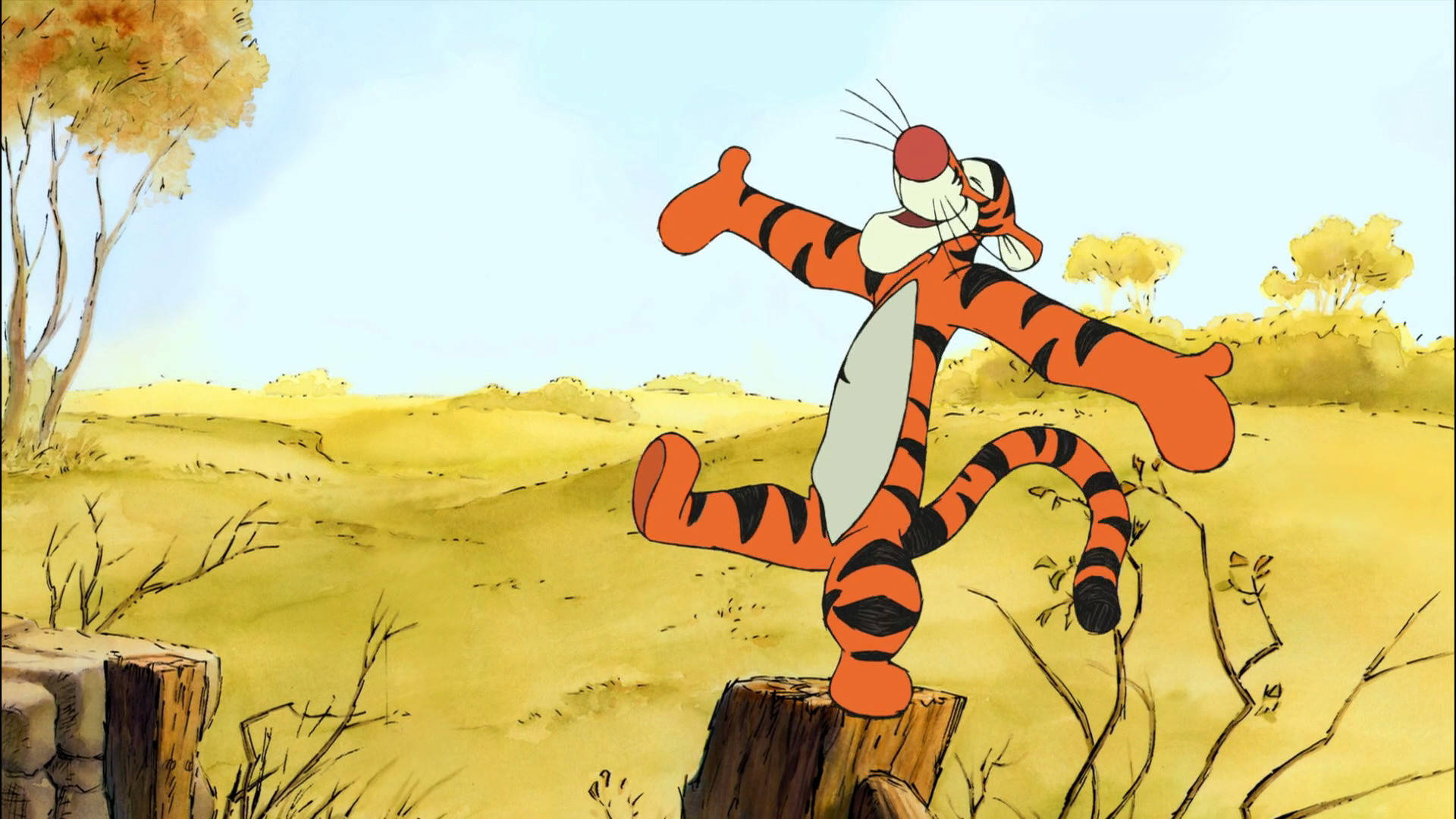 Tigger, tree stump, golden field, Full HD Desktop Wallpaper