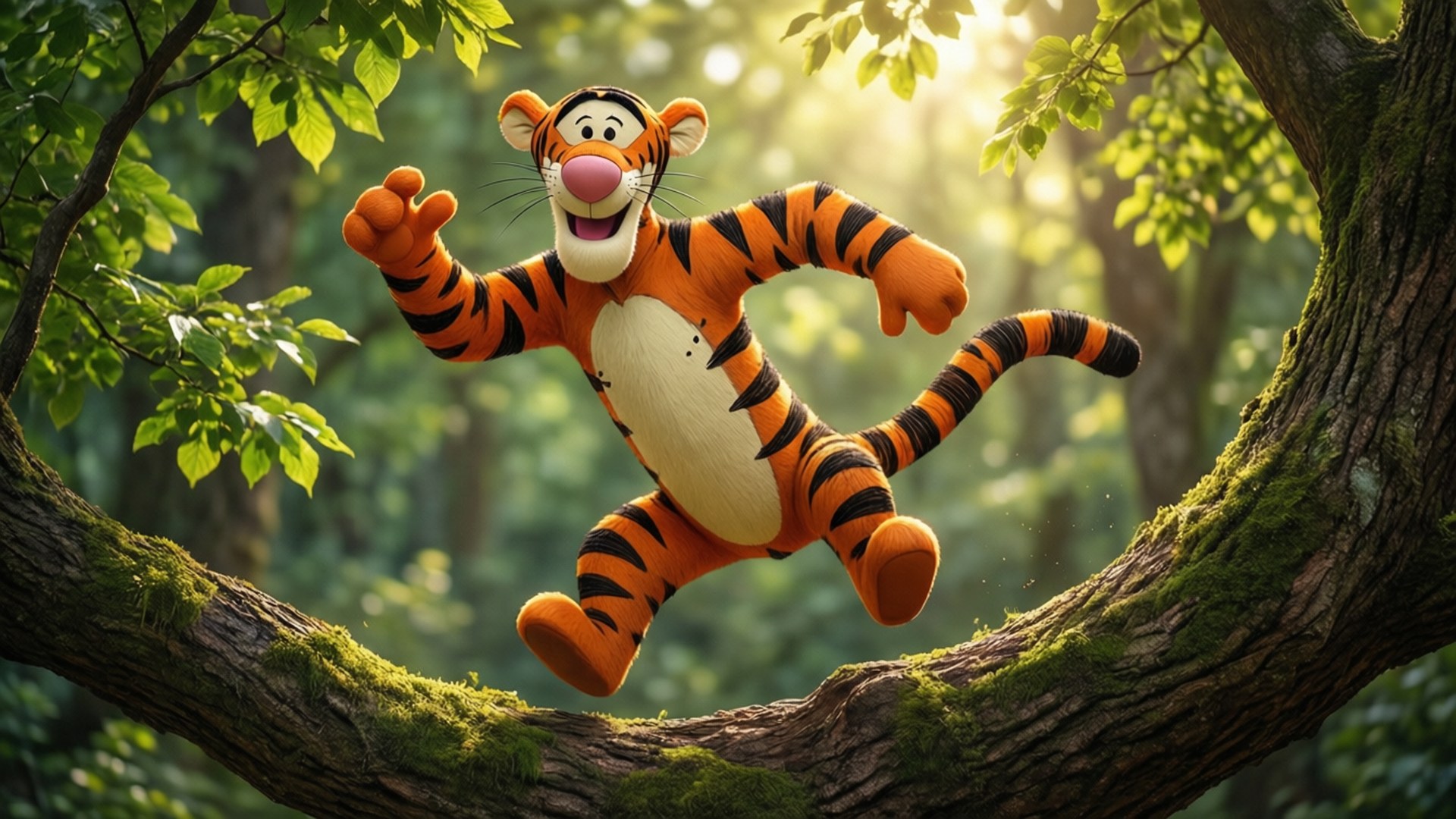 Tigger, sunlit forest canopy, vibrant green leaves, Full HD Desktop Wallpaper