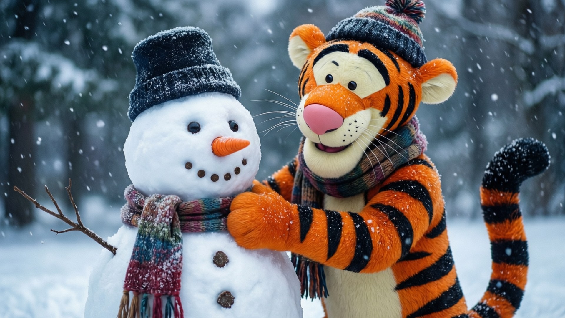 Tigger, knit hat, scarf, Full HD Desktop Wallpaper