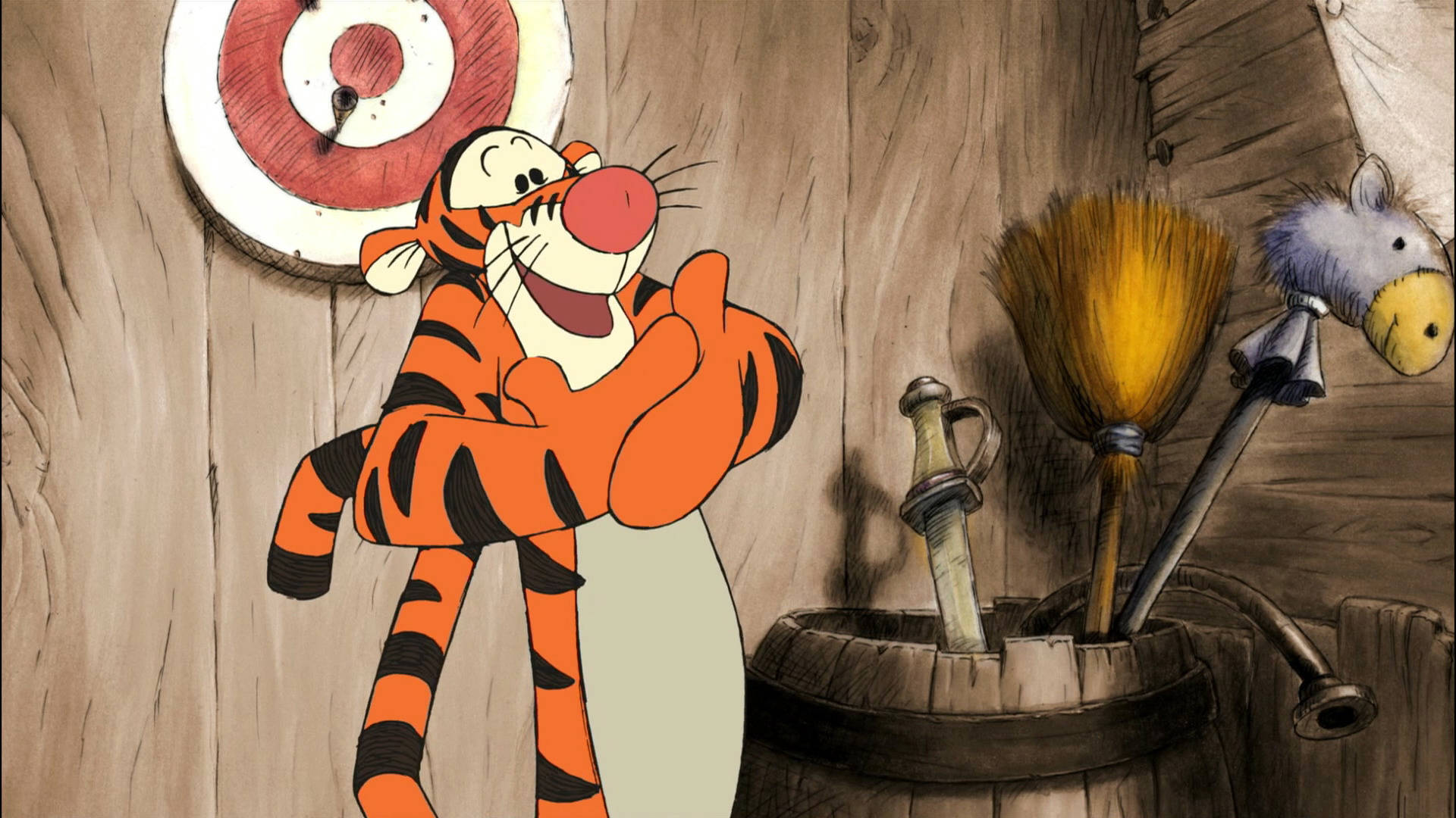Tigger, rustic wooden room, target, Full HD Desktop Wallpaper