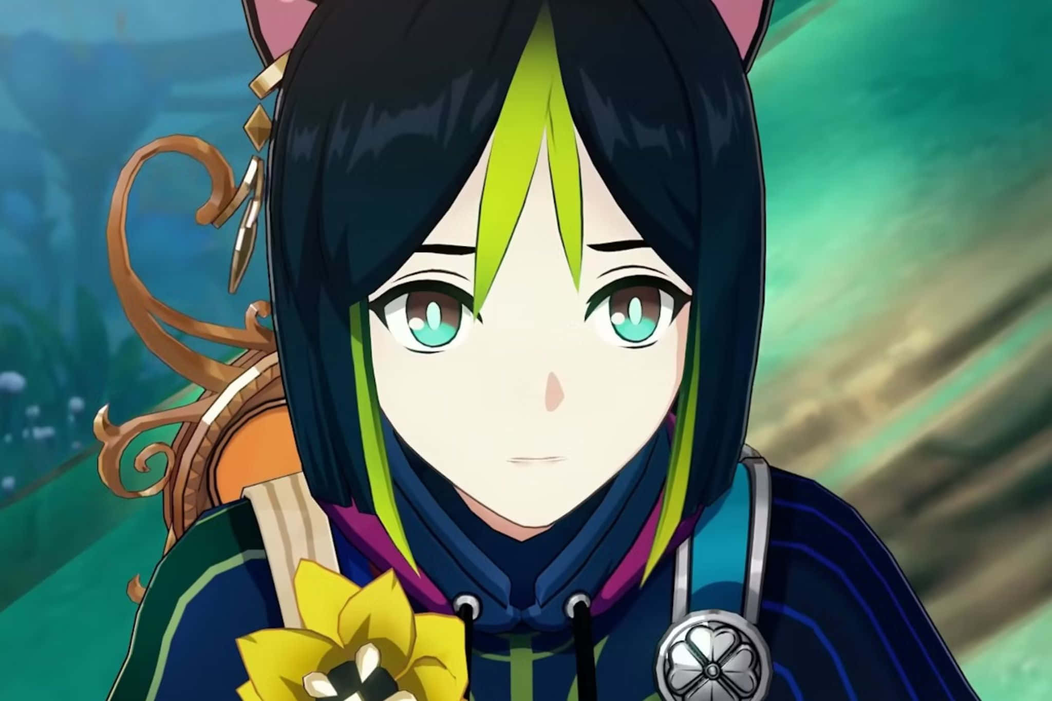 Tighnari, black and green hair, cat ears, Full HD Desktop Wallpaper