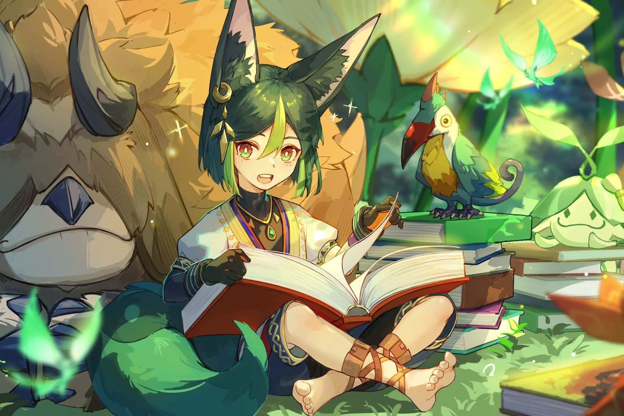 Tighnari, forest scholar, green-haired fox-eared girl, Full HD Desktop Wallpaper