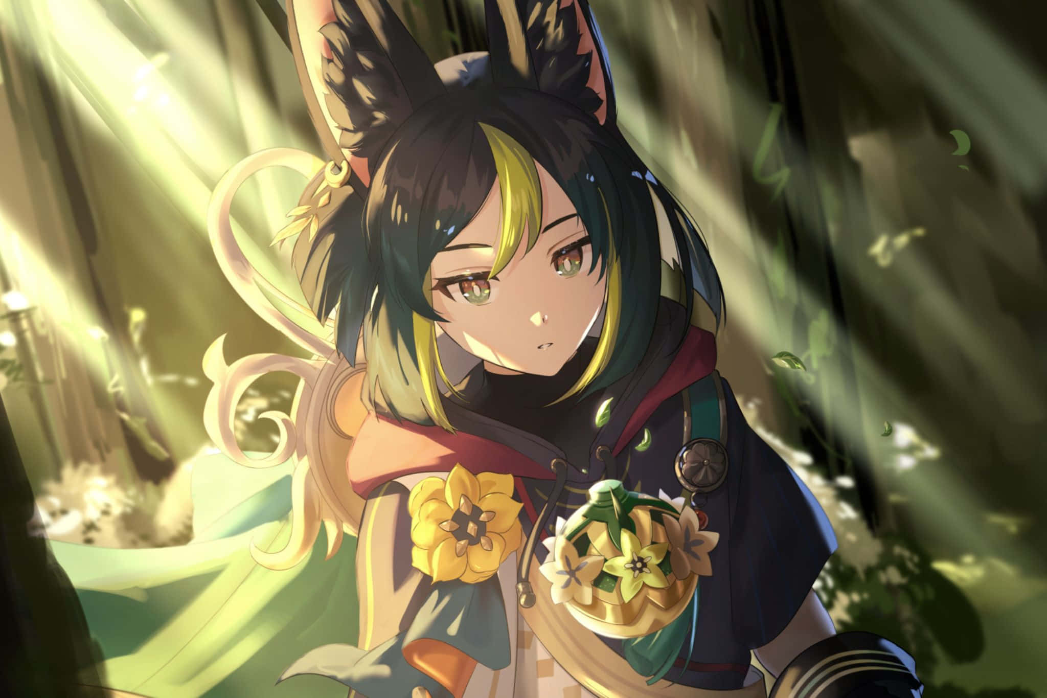 Tighnari, fox-eared girl, green eyes, Full HD Desktop Wallpaper