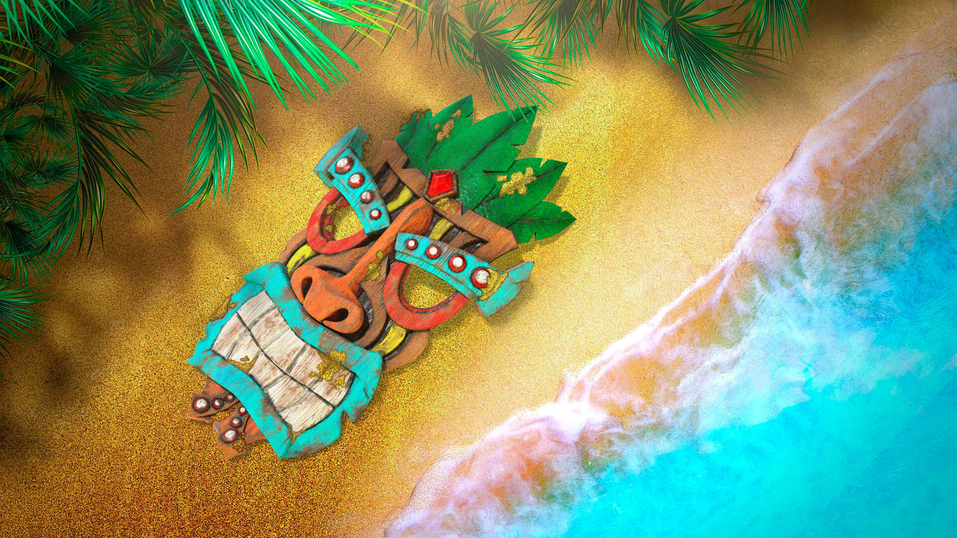 Tropical Tiki Beach, tiki mask, golden sand, Full HD Desktop Wallpaper