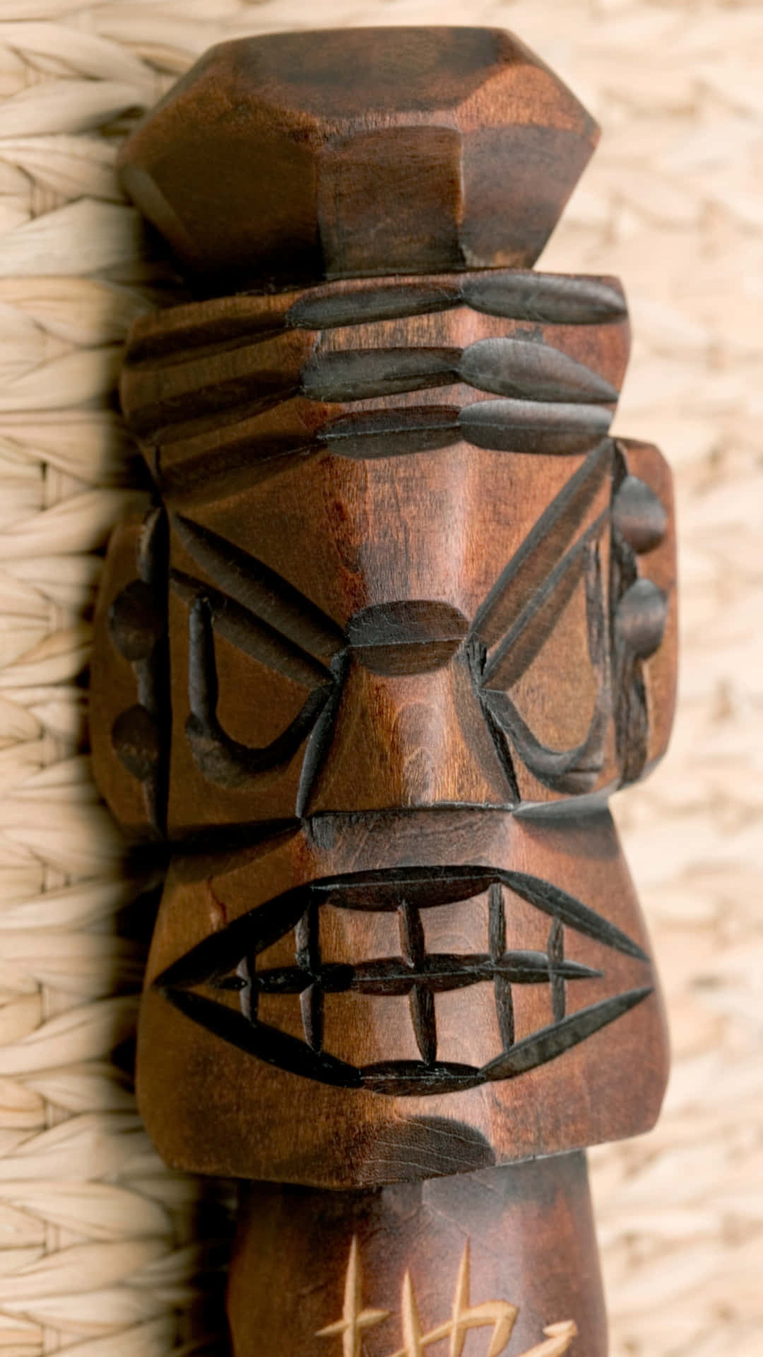 carved wooden tiki statue, dark brown, geometric eyes, Full HD Phone Wallpaper