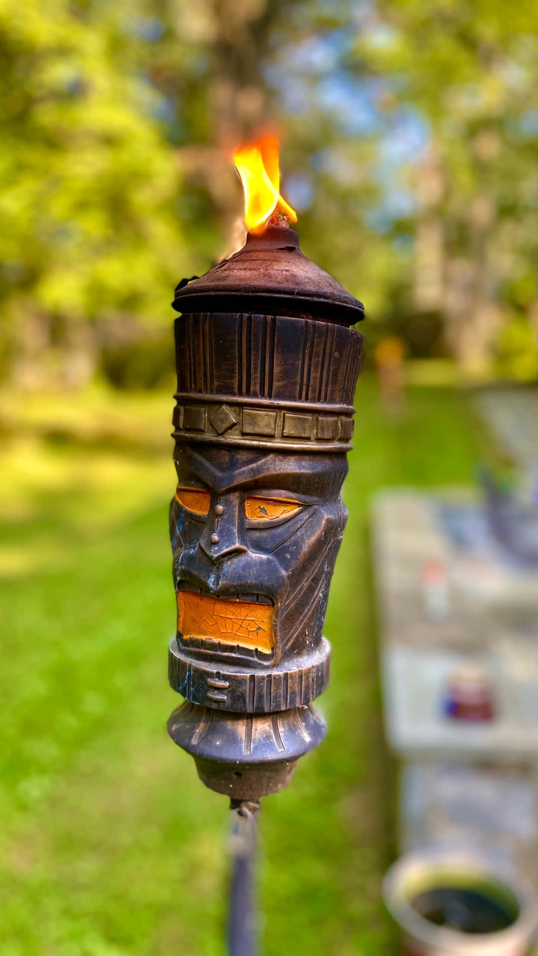 lit tiki torch, garden decor, carved tiki torch, Full HD Phone Wallpaper