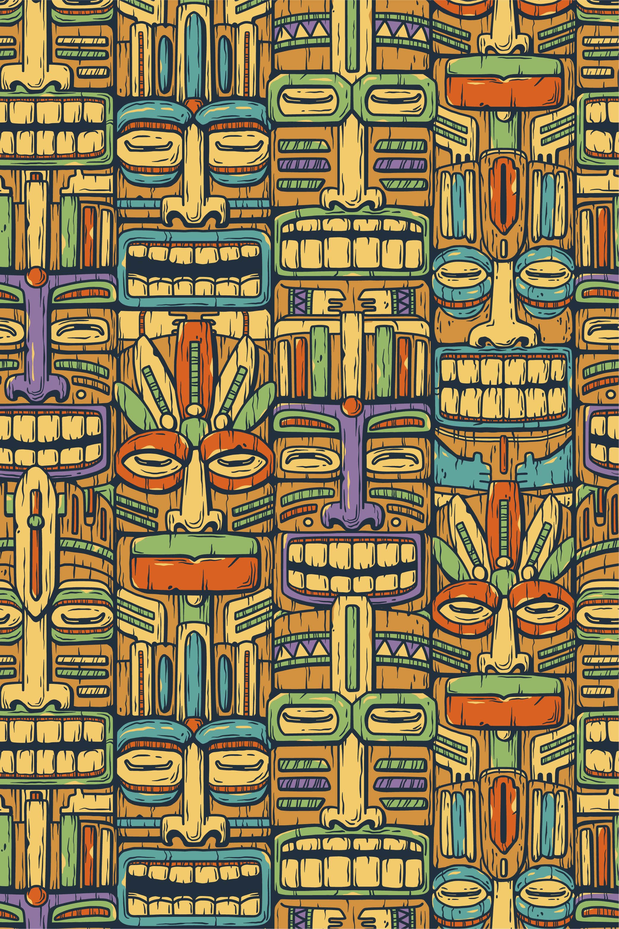 tiki mask, vibrant repeating pattern, bold colors, 2K Phone Wallpaper