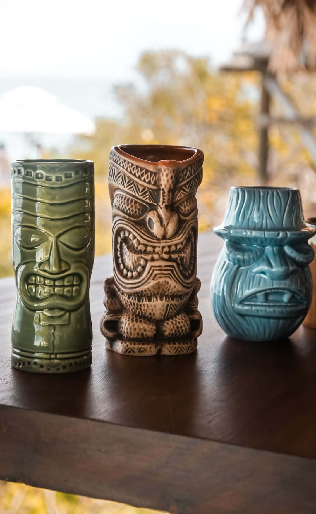 tiki mugs collection seaside, green beige and blue, wooden table, HD Phone Wallpaper