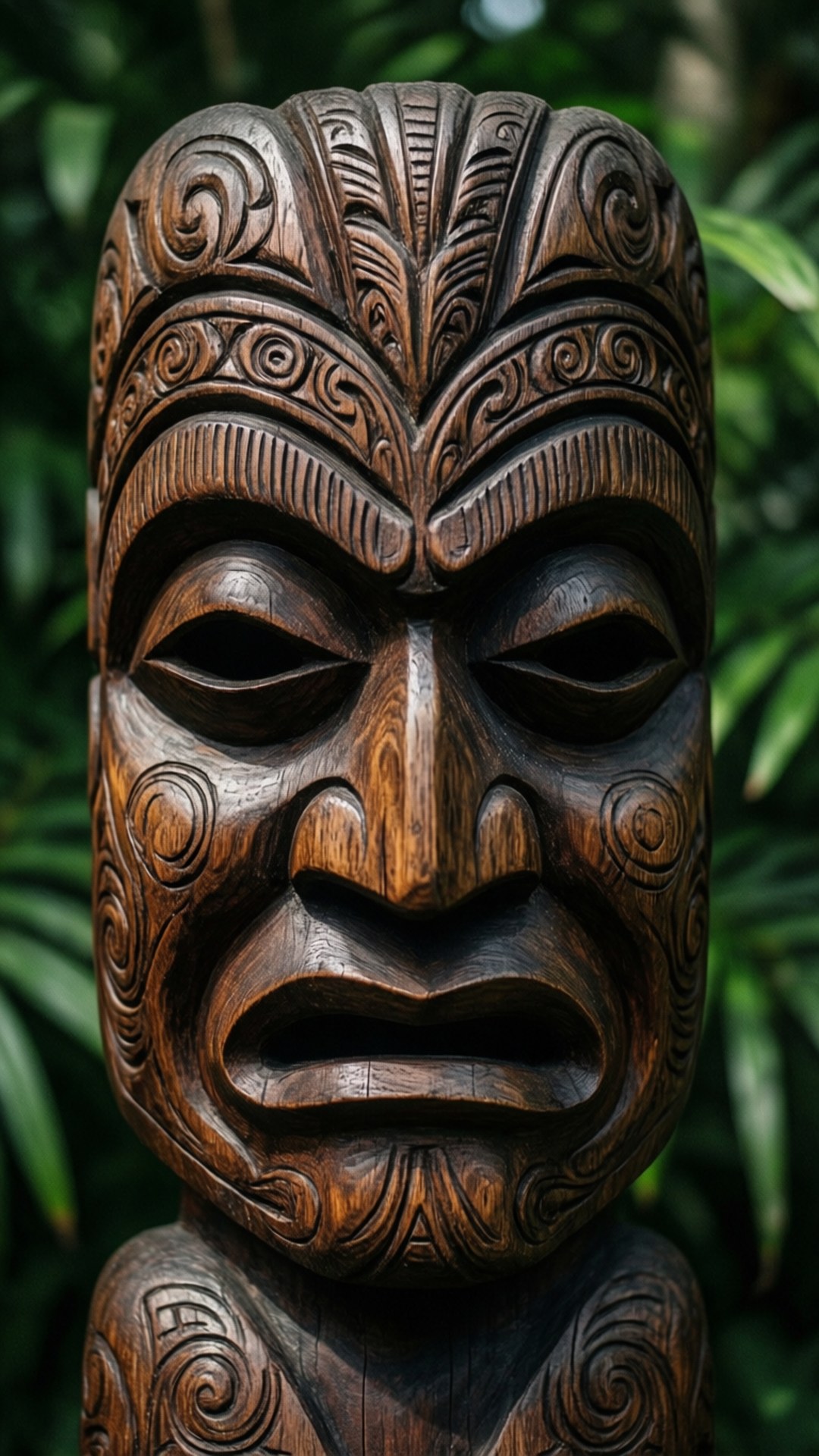 intricate tiki mask, wooden tribal mask, swirling patterns, Full HD Phone Wallpaper