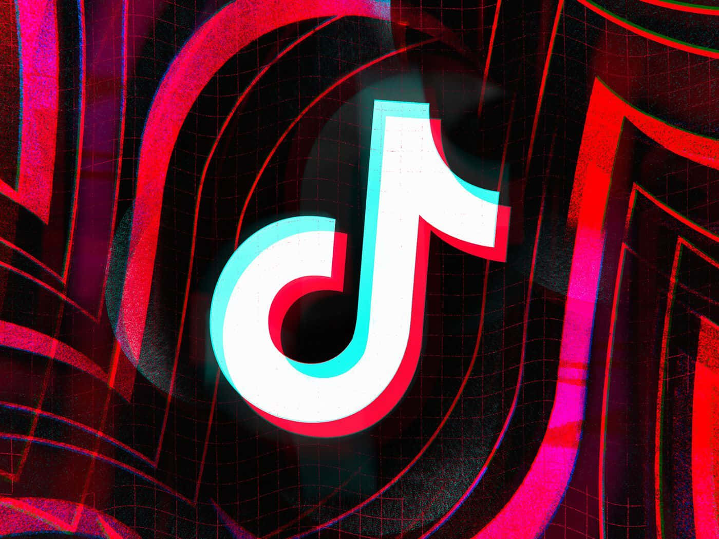 TikTok logo, red and cyan 3D glitch effects, dark grid background, HD Desktop Wallpaper
