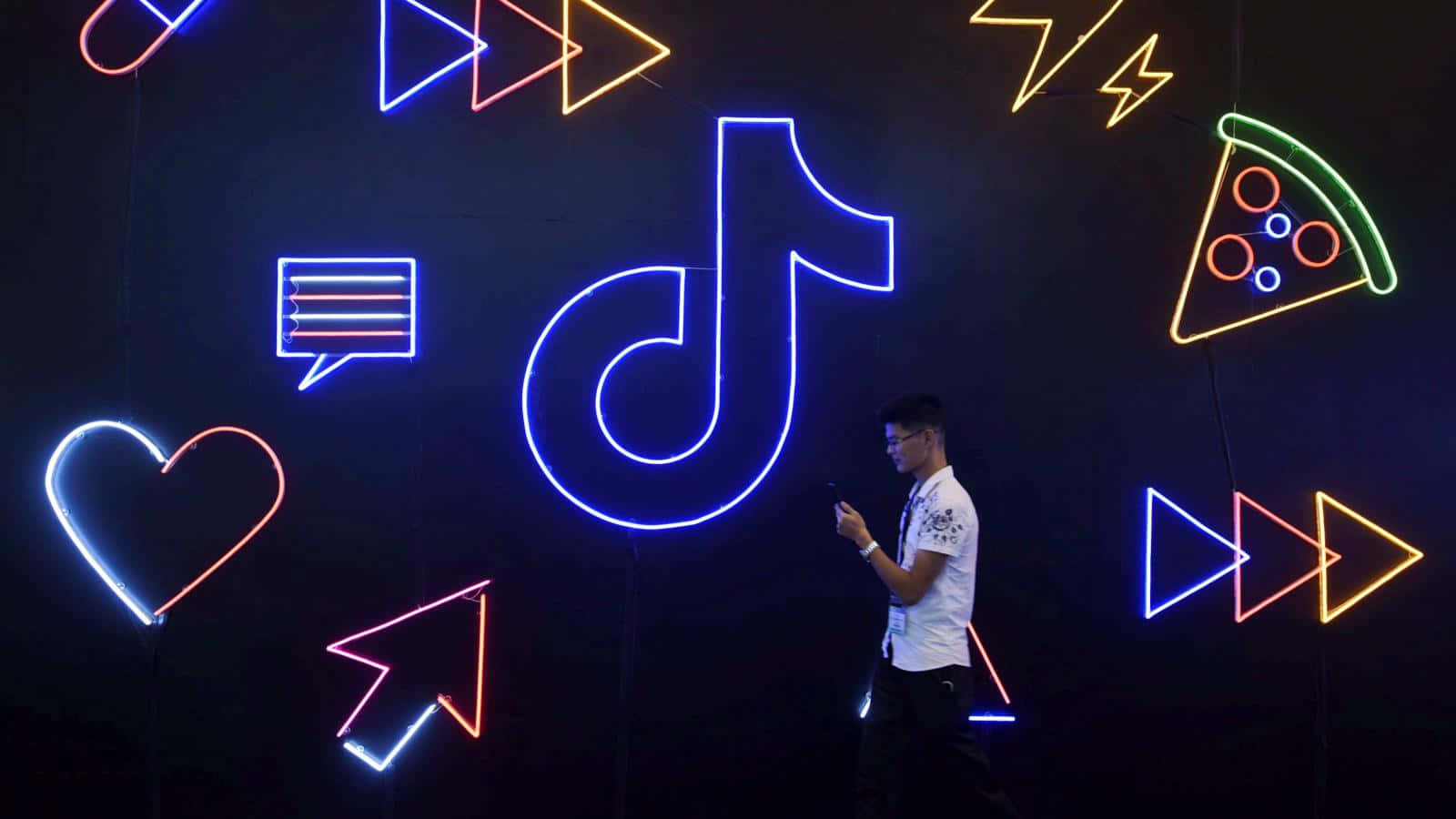 TikTok, neon wall, TikTok logo, HD Desktop Wallpaper