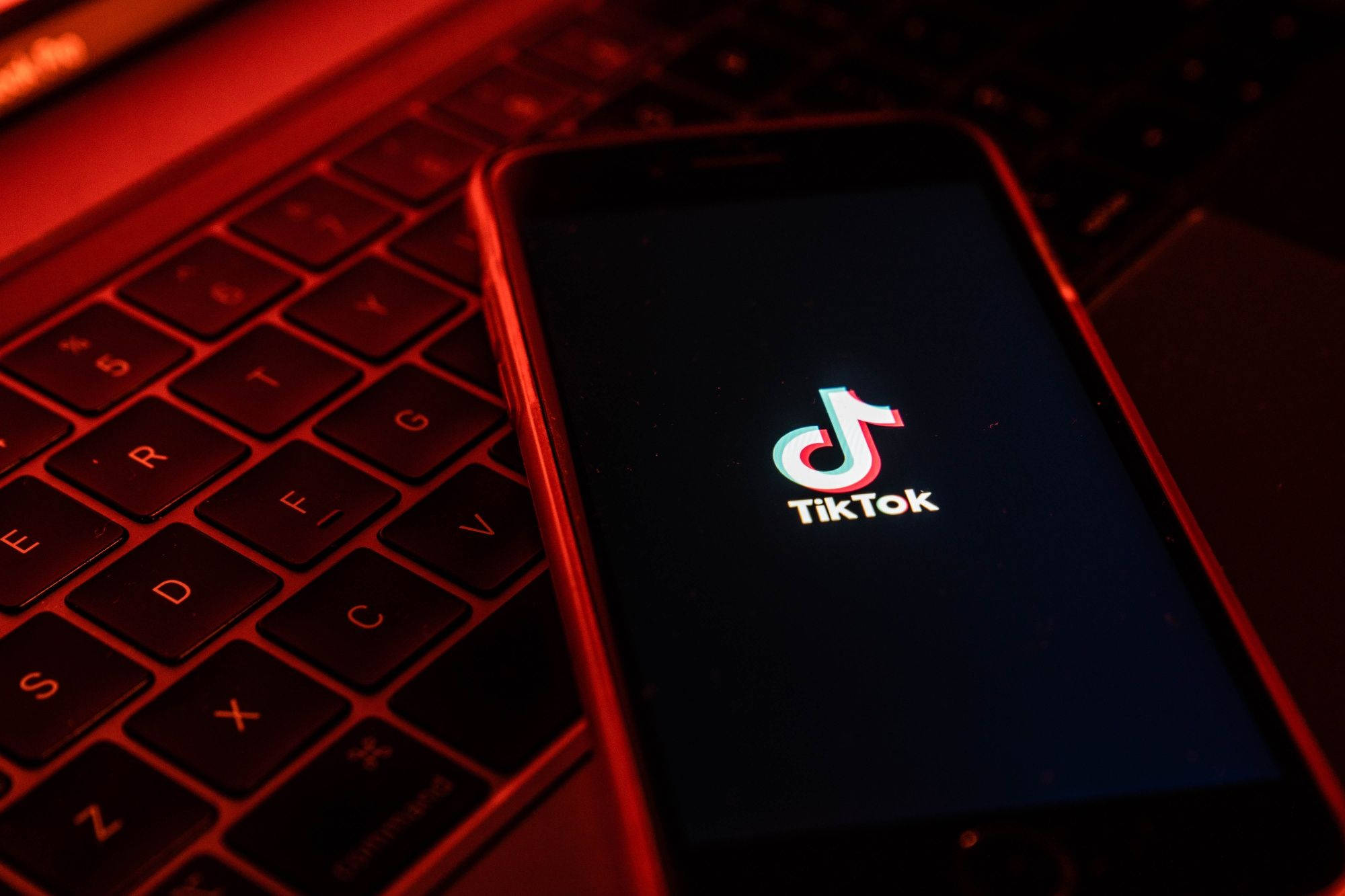 TikTok logo, smartphone, laptop keyboard, Full HD Desktop Wallpaper