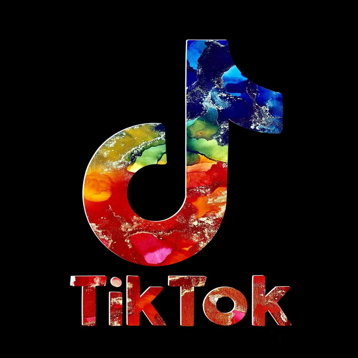 TikTok logo, vibrant abstract paint, stark black background, SD Desktop Wallpaper
