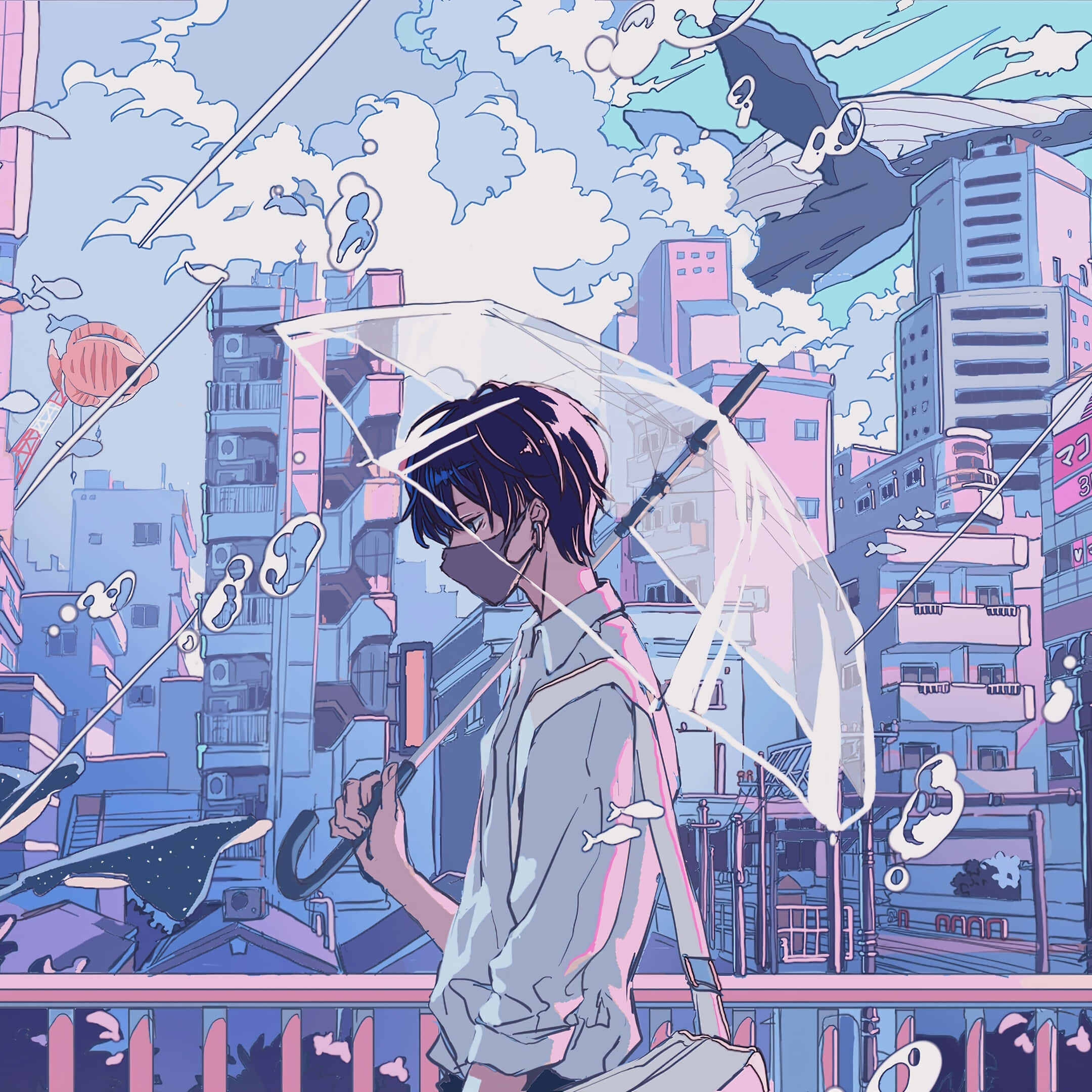 masked anime teen, clear umbrella, floating fish, Full HD Desktop Wallpaper