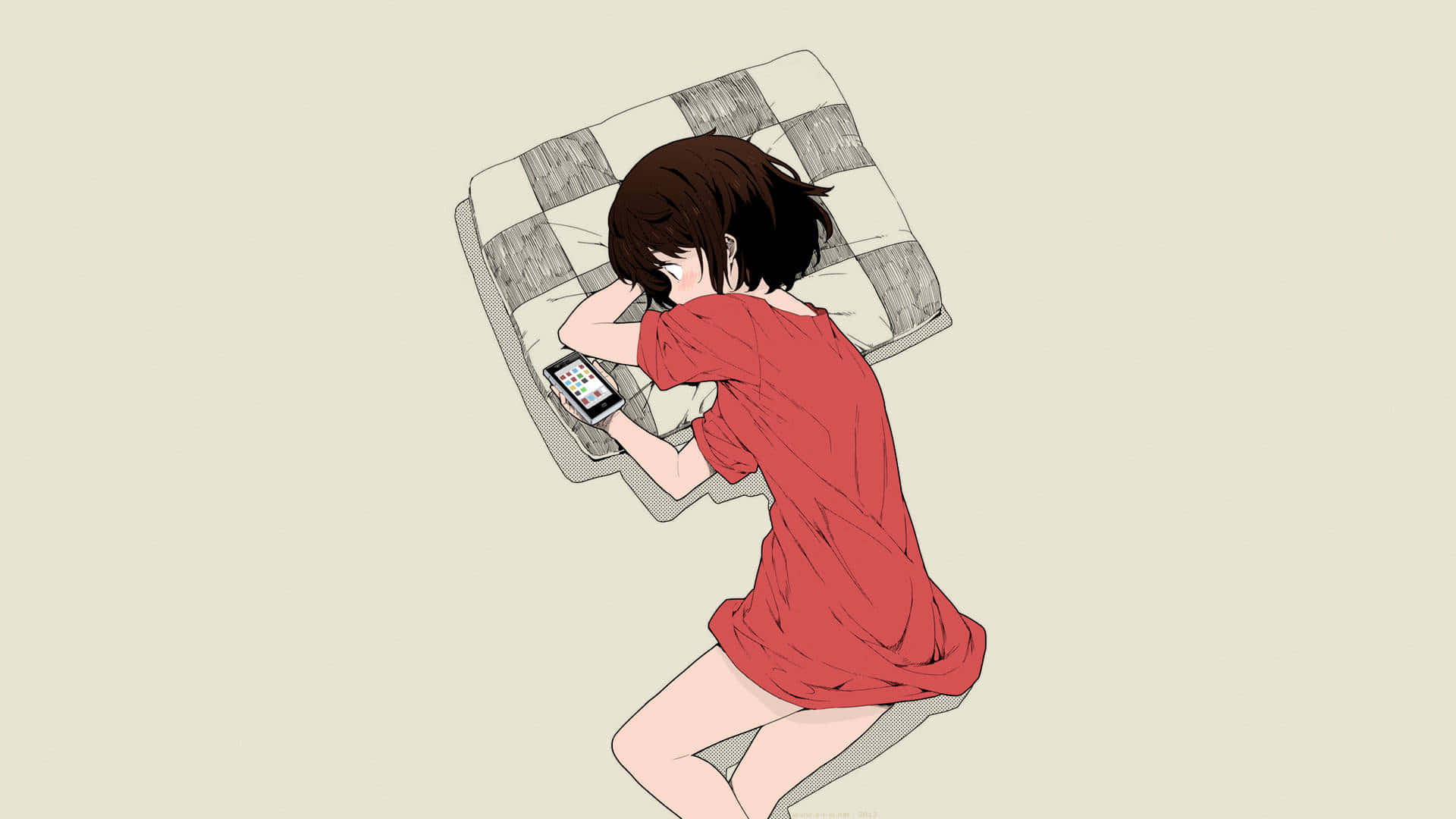 girl, red dress, checkered pillow, Full HD Desktop Wallpaper