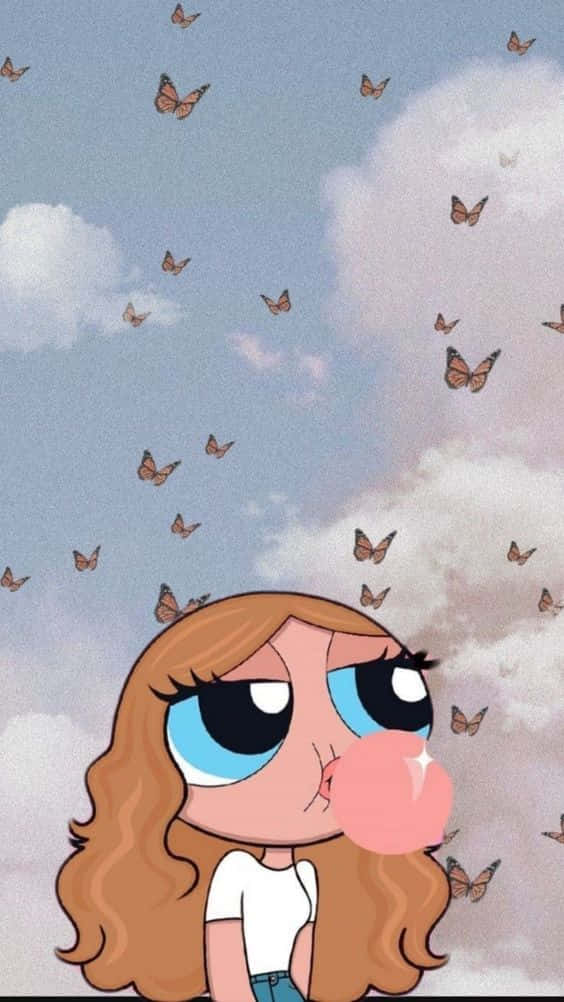 cartoon girl, big blue eyes, pink bubblegum bubble, SD Phone Wallpaper