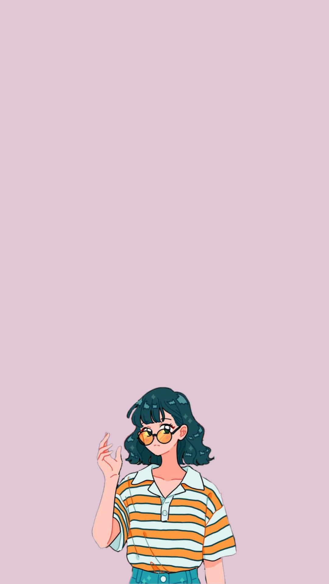 anime girl, curly dark hair, yellow sunglasses, Full HD Phone Wallpaper