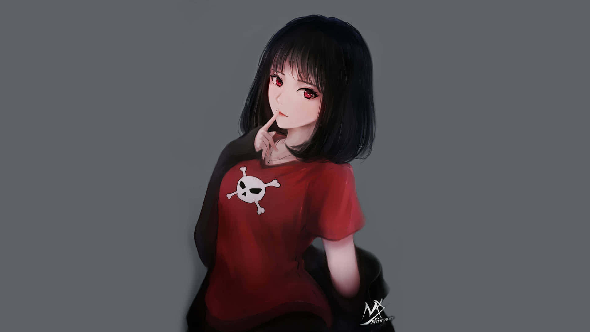 anime girl, black hair, red eyes, Full HD Desktop Wallpaper
