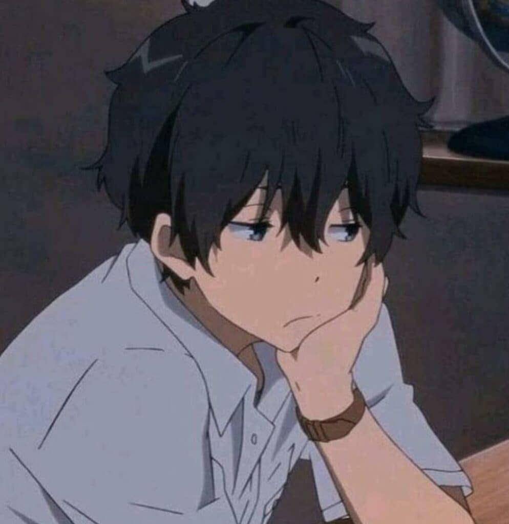 unamused boy, melancholic anime boy, messy black hair, SD Phone Wallpaper