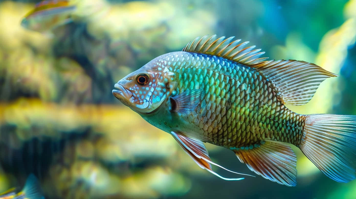 vibrant blue green cichlid fish, sunlit aquarium, blurred rocky background, HD Desktop Wallpaper