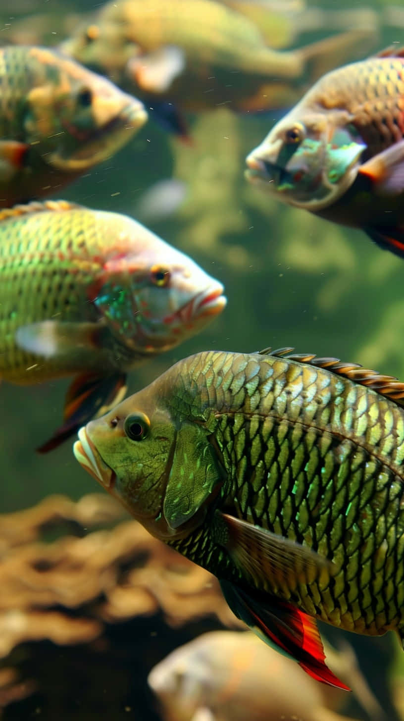 colorful tilapia school, underwater, vibrant green and red fish, HD Phone Wallpaper