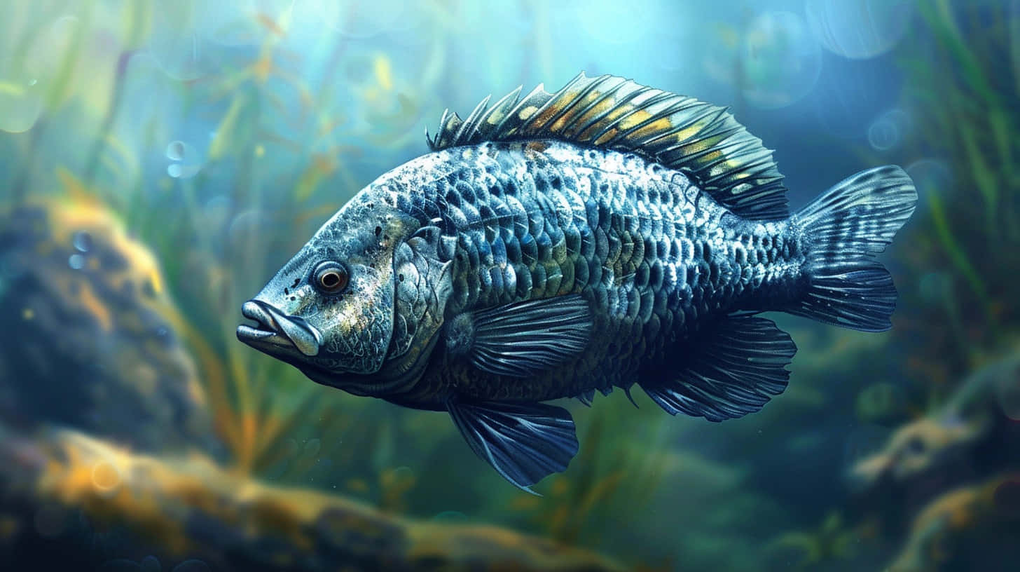 Tilapia, blue-scaled, sunlit underwater grasses, HD Desktop Wallpaper