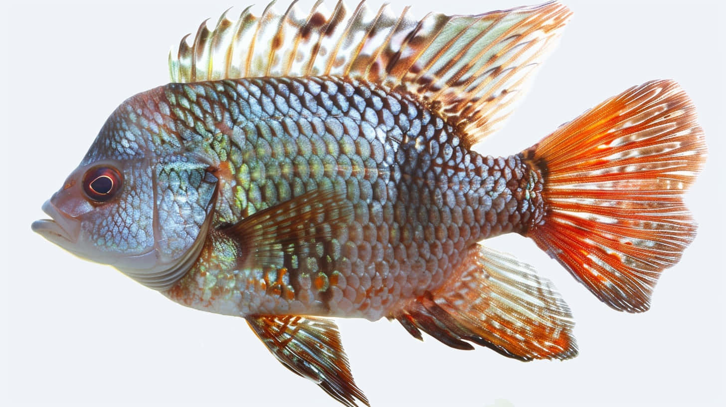 vibrant cichlid fish, iridescent blue green scales, fiery orange fins, HD Desktop Wallpaper