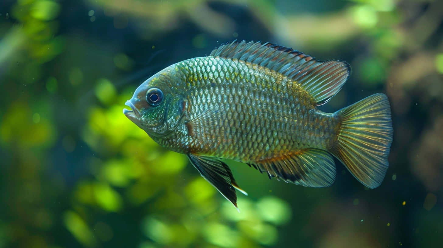 Tilapia, greenish-blue cichlid fish, lush green aquatic environment, HD Desktop Wallpaper