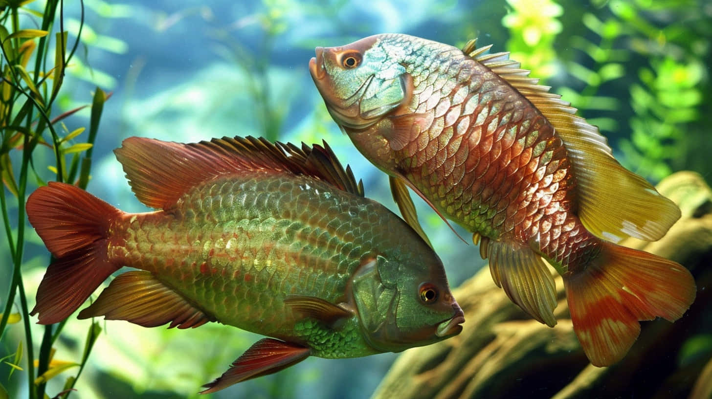 vibrant tilapia, underwater scene, lush green aquatic plants, HD Desktop Wallpaper