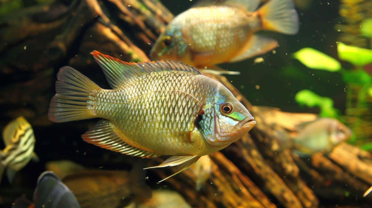 Tilapia, aquatic habitat, driftwood, HD Desktop Wallpaper