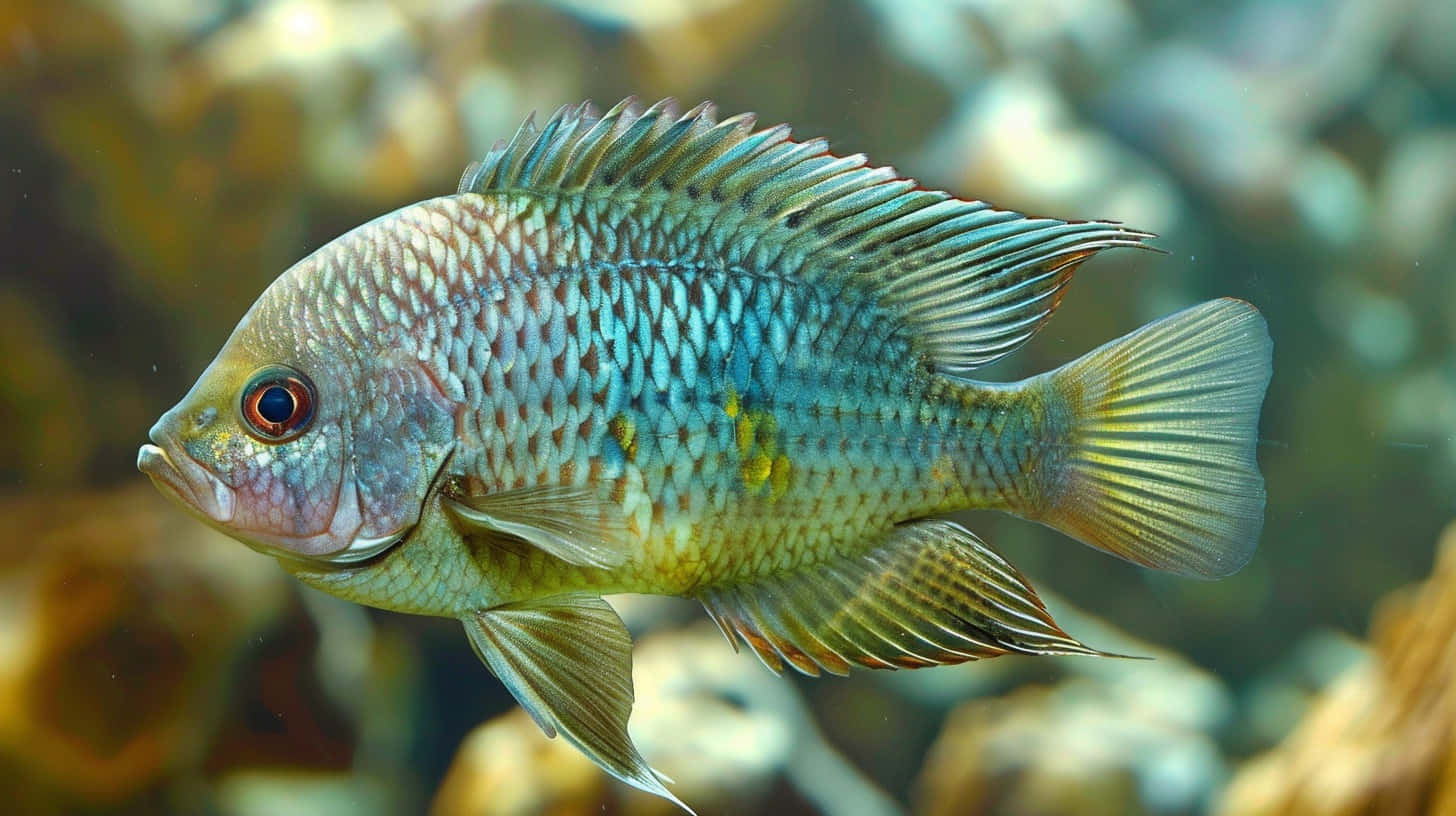 vibrant blue, green cichlid fish, sunlit aquarium, HD Desktop Wallpaper