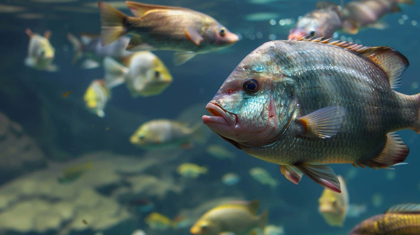 Tilapia, silver fish, red fins, HD Desktop Wallpaper