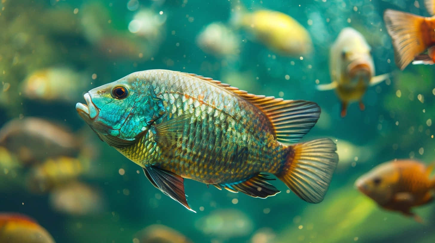 colorful tilapia, vibrant blue and orange fish, greenish water, HD Desktop Wallpaper