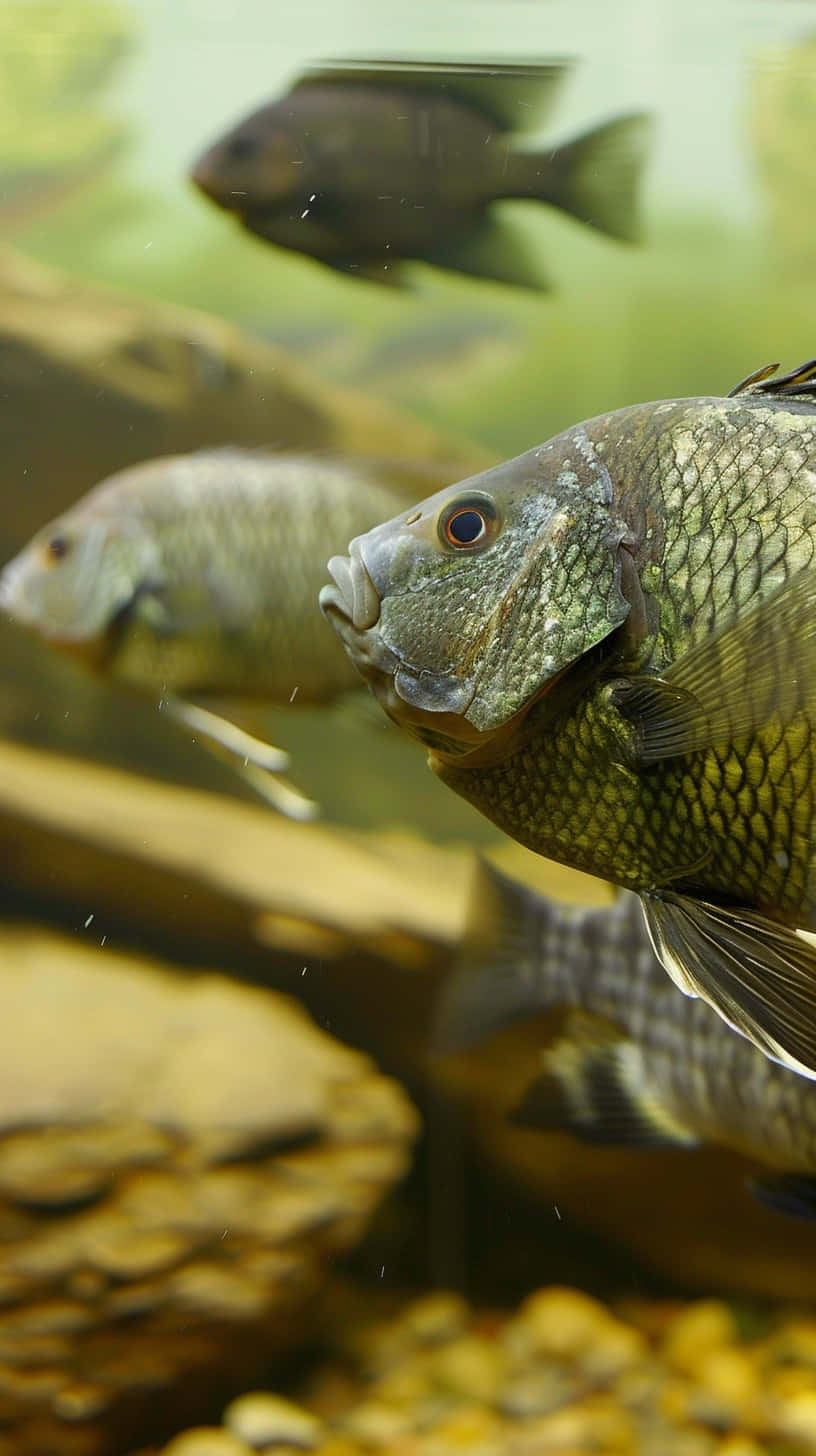 Tilapia, greenish scale-covered fish, aquarium view, HD Phone Wallpaper