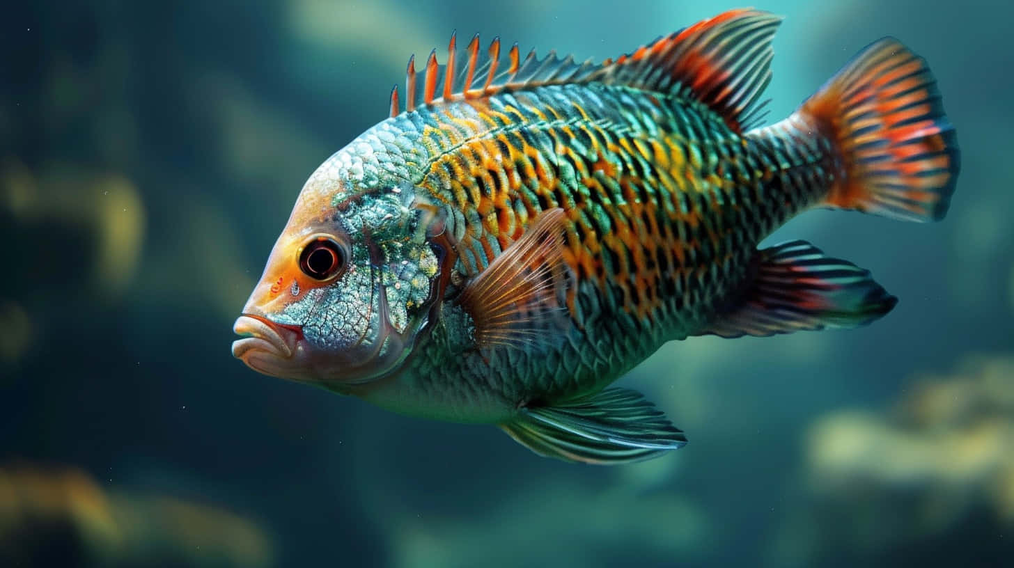 colorful tilapia, iridescent blue green and orange scales, murky underwater foliage, HD Desktop Wallpaper