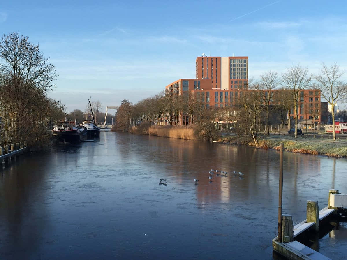 Tilburg, waterway, modern brick buildings, SD Desktop Wallpaper