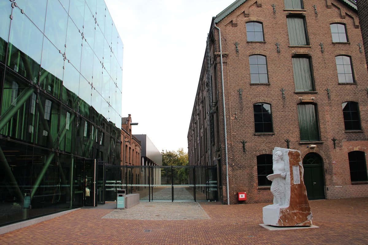 Tilburg, modern glass building, historic brick warehouse, SD Desktop Wallpaper